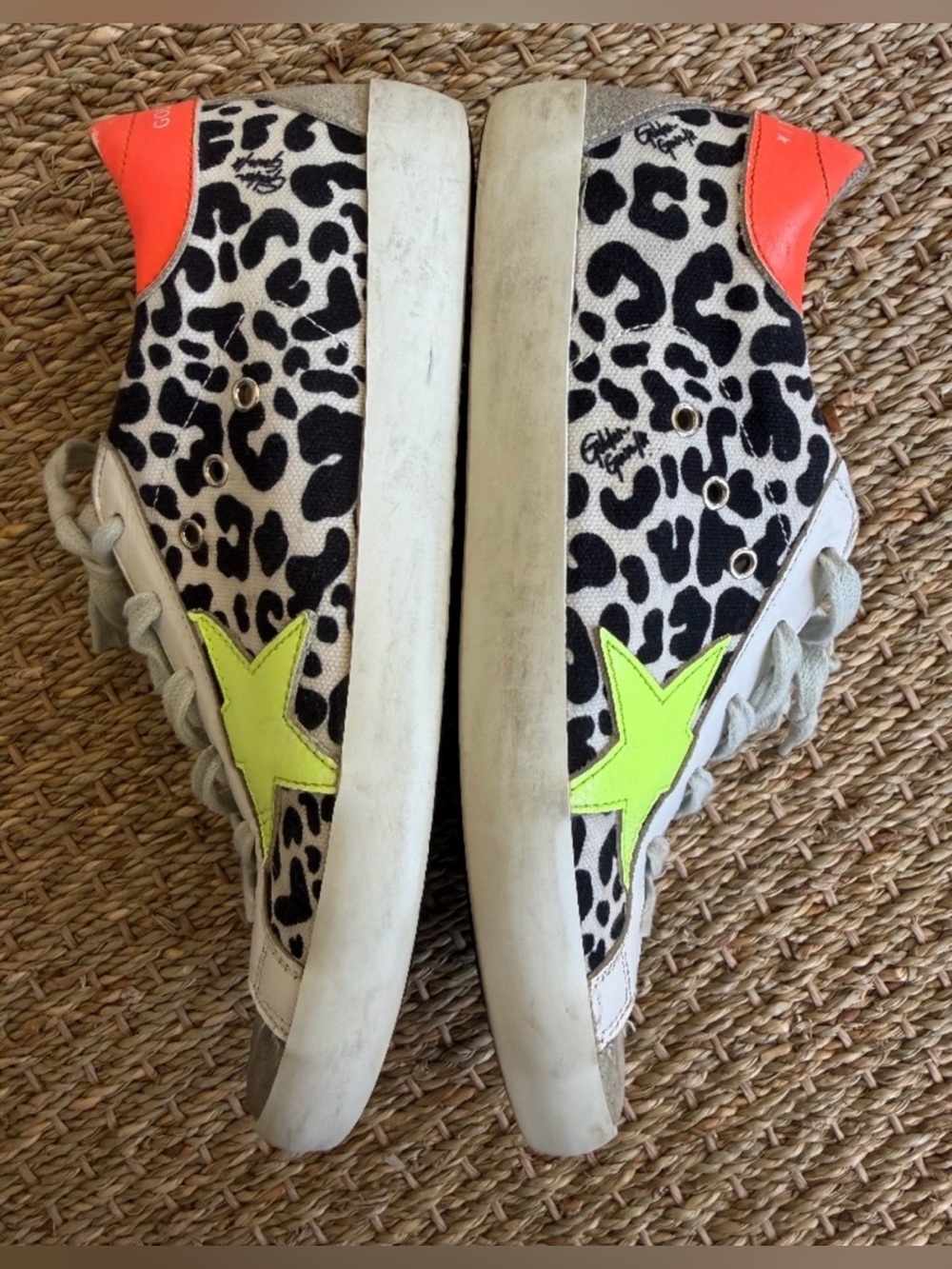 Golden Goose Kids Leopard Print Sneakers with Neon Orange and Yellow Star
